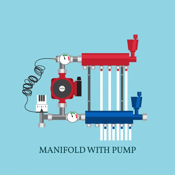 Manifold with Pump for warm floor. Vector illustration. Flat h — Stock Illustration Manifold with Pump for warm floor. Vector illustration. Flat h Stock Vector