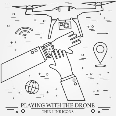 Drone ile oynarken helikopter. Uzaktan kumanda ile mobil fon