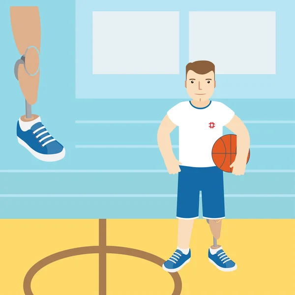 Ένας άνδρας με ένα προσθετικό πόδι, κρατώντας μια μπάλα του μπάσκετ. Διάνυσμα illustr — Διανυσματικό Αρχείο