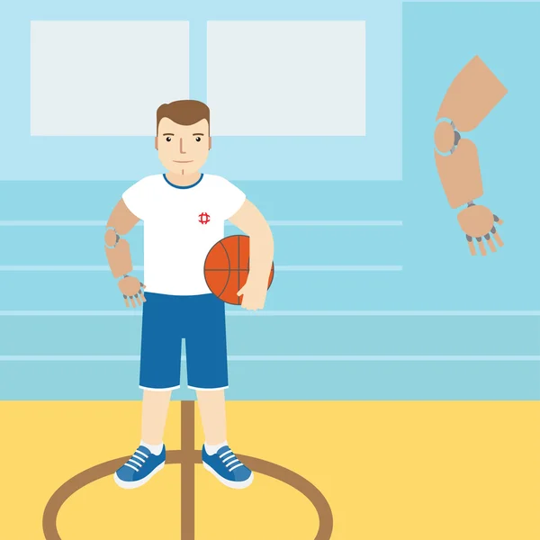Άνθρωπος με προσθετικής βραχίονα, κρατώντας μια μπάλα του μπάσκετ. Διάνυσμα illustratio — Διανυσματικό Αρχείο
