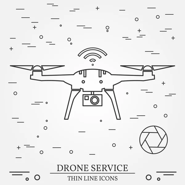 Drohnendienst. Video- und Fotodrohnendienste. dünner Strich — Stockvektor