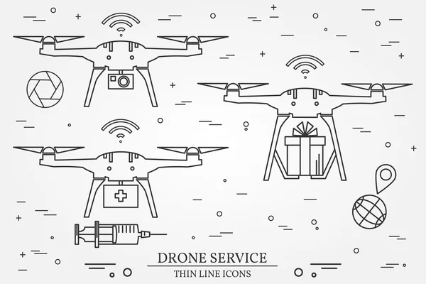 Drohnendienst. Drohnenmedizin, Lieferung, Video und Fotografie — Stockvektor