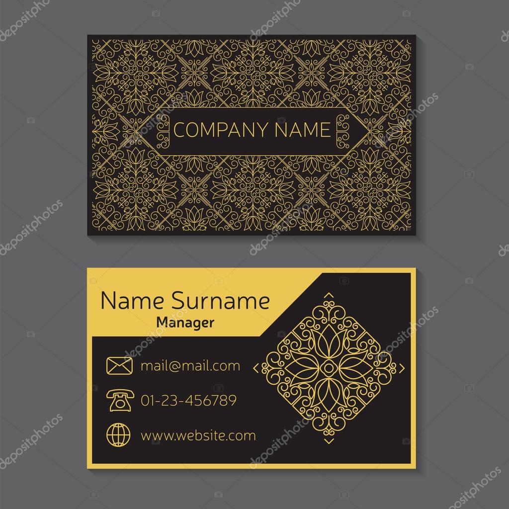 Business card. Vector editable template include front and back side, geometric seamless pattern and contact icons.