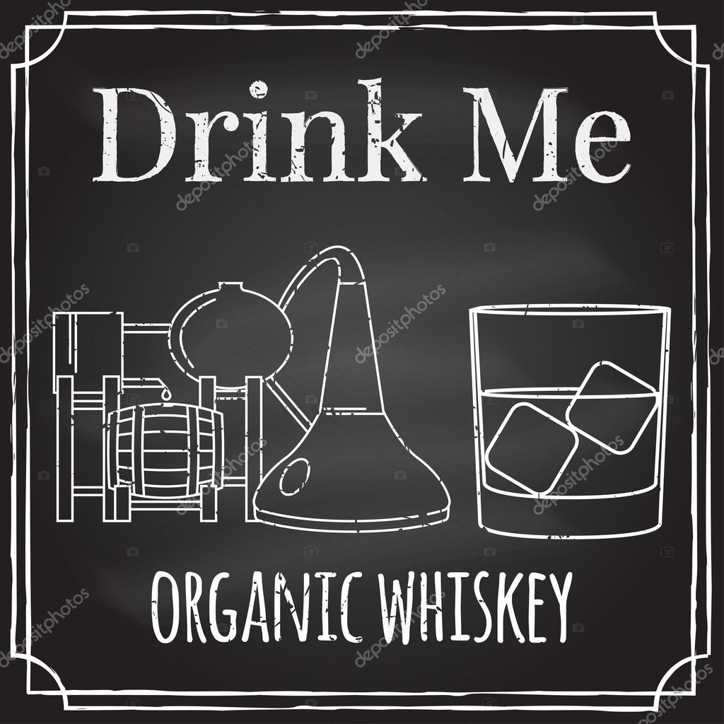 Drink me. Elements on the theme of the restaurant business.  Chalk drawing on a blackboard. Logo, branding,  logotype,  badge  with whiskey distilling process and a glass of whiskey with ice.  Distillery symbol. Vector illustration.
