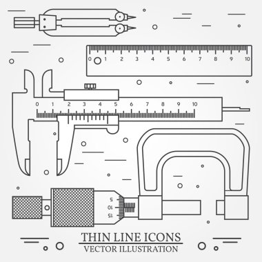 Set vector thin line icons caliper, ruler, pair of compass  and  clipart