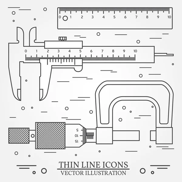 Set Vektor Thin Line Symbole Bremssattel, Lineal und Mikrometer. für — Stockvektor