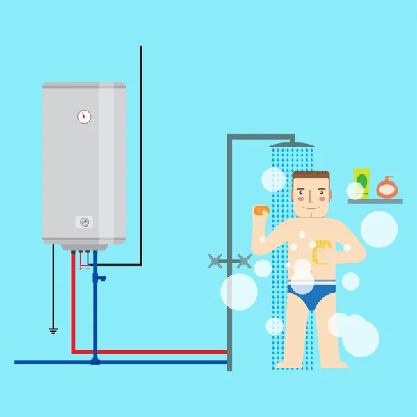 Elektrischer Wasserkocher und ein Mann im Badezimmer unter der Dusche. f — Stockvektor