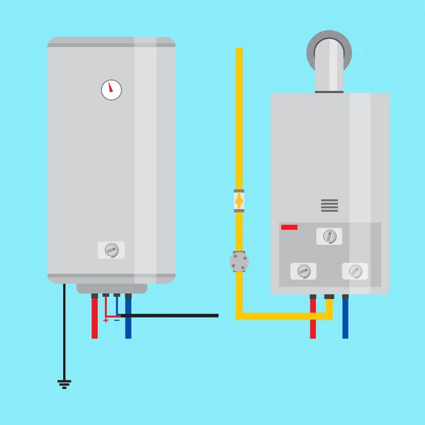 Conjunto de aquecedor de água a gás e aquecedor elétrico de água. Ícone plano para — Vetor de Stock