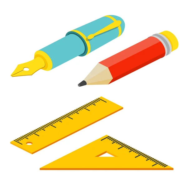 Estilográfica isométrica, reglas y lápiz sobre fondo blanco. F — Vector de stock