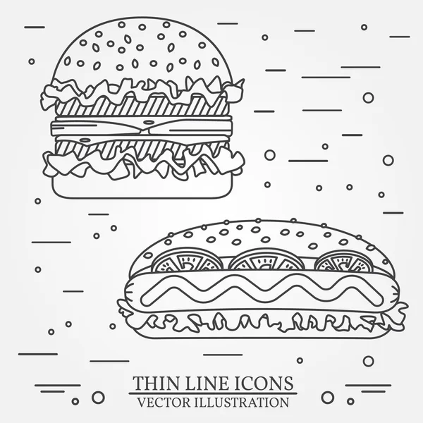 Icône vectorielle ligne mince hot dog et hamburger. Pour la conception web et ap — Image vectorielle