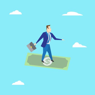 İşadamı dolarlarla sörf yapıyor. İş konsepti. Vektör çizimi. 