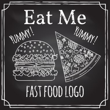 Beni ye. Restoran iş teması öğeleri. Tahtaya tebeşir çizerek. Logo, marka, logo, hamburger ve pizza ile rozet. Fast food sembolü. Vektör çizimi.