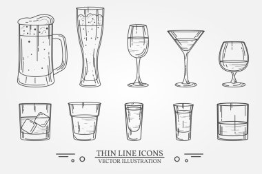 Set drink alcohol  glass for beer, whiskey, wine, tequila, cognac, champagne, brandy, cocktails, liquor. Vector illustration isolated on white background.