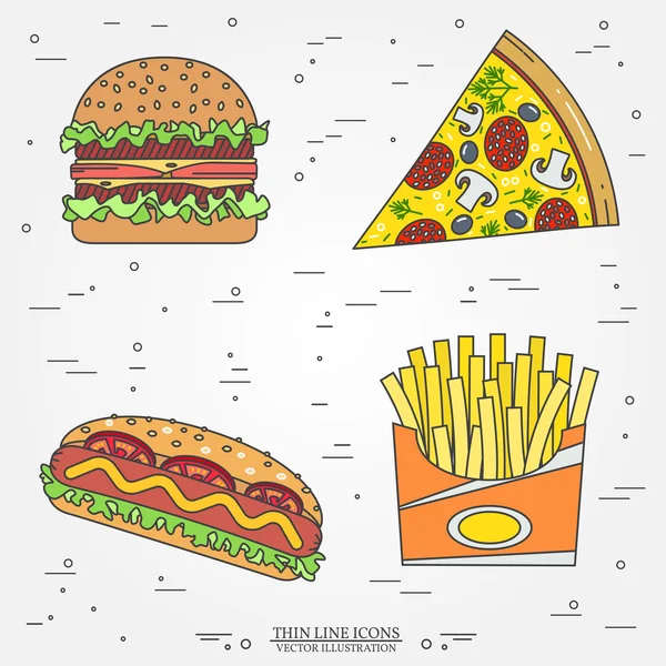 Vector de la línea delgada icono de pizza, papas fritas, hot dog y hamburguesa. Para nosotros — Archivo Imágenes Vectoriales