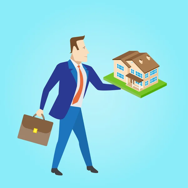 Agente imobiliário com um modelo de casa para venda. Vector illustrati — Vetor de Stock