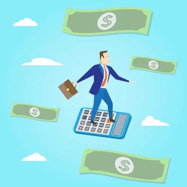 Businessman flying with paper money and clouds on blue background. Vector illustration. Business concept. — Stock Vector
