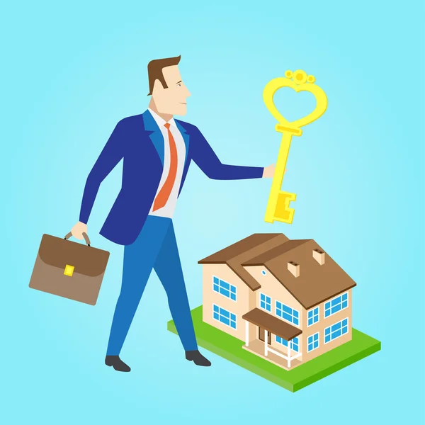 Fastighetsmäklare med en nyckel och hus modell till salu. Vektor illustration. — Stock vektor