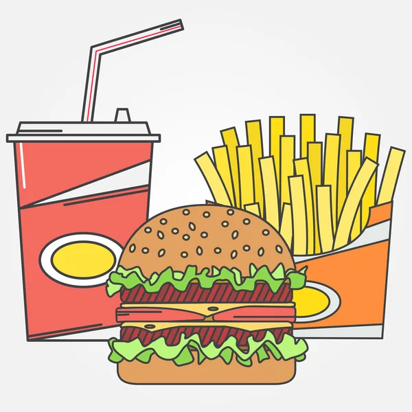 Ícone de comida rápida. Ícone de vetor cola, batatas fritas e hambúrguer. Para web design e interface de aplicação, também útil para infográficos. Ilustração vetorial . — Vetor de Stock