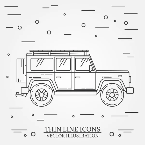 Linha fina de jipe. Jeep viagem pictograma vetorial cinza e branco isolado em branco. Conceito de viagem em família de verão. Ilustração vetorial . — Vetor de Stock