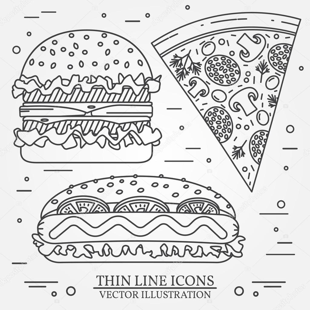 Vector thin line icon pizza,  hot dog and burger . For web design and application interface, also useful for infographics. Vector dark grey. Vector illustration.
