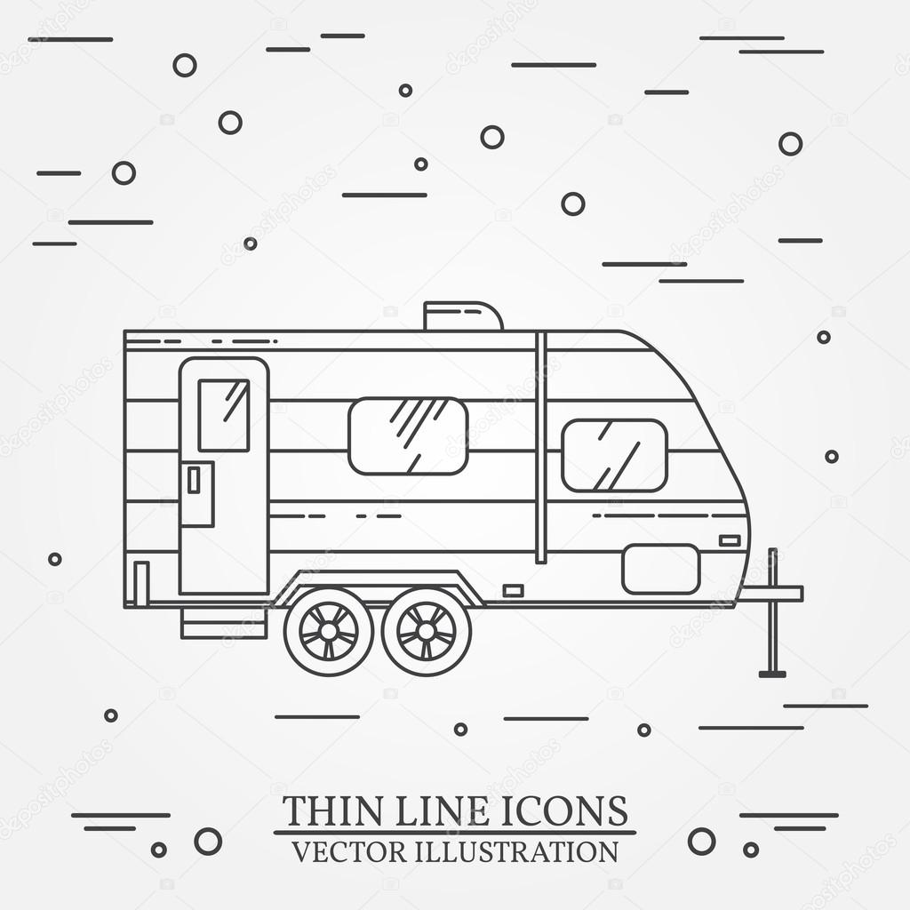 RV camper trailer thin line. Camping RV trailer caravan outline icon. RV travel camper grey and white vector pictogram isolated on white. Summer camper family travel concept. Vector illustration.  