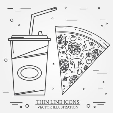 Vektör ince çizgi simgesi pizza, sosisli sandviç ve burger . Web desig için