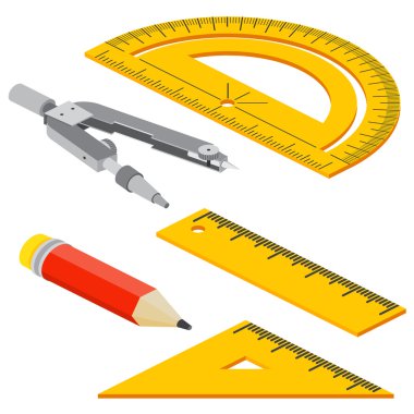 Biyometrik ölçüm araçları kümesi: cetveller, üçgenler, protractor, kalem ve pusula çifti. Vektör okul aletleri beyaz arka plan üzerinde izole. 