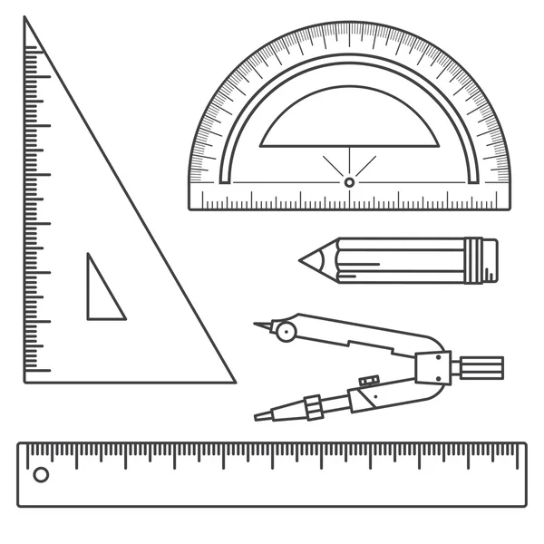Conjunto de ferramentas de medição: réguas, triângulos, transferidor, lápis e par de bússolas. Instrumentos escolares vetoriais isolados sobre fundo branco. Forma correta e tamanhos. Sistema métrico de medições: ce — Vetor de Stock