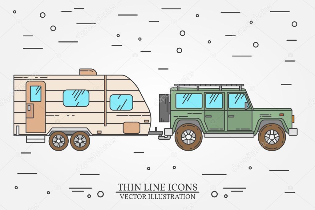 Vector illustration of car and travel trailers. Summer trip family travel concept.  Thin line icon. Vector illustration.