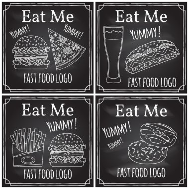 Ye beni. Tema Restoran iş öğelerinde. Tebeşir yazı tahtası üzerinde çizim. Logo, marka, logo, rozet burger, köpek, patates kızartması, pizza, bira ve çörekler sıcak. Fast food sembolü.