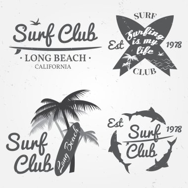 Surf club kavramı Vector Yaz sörf retro rozeti seti. Surfer club amblemi, açık hava afiş, vintage arka plan. Tahtalar, avuç içi ve köpekbalığı. Sörf simgesi tasarımı. 