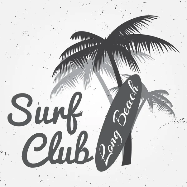 Concept de club de surf Vector Summer badge rétro surf. Emblème du club de surf, bannière extérieure, fond vintage. Planche de surf et paumes. Conception d'icône de surf . — Image vectorielle