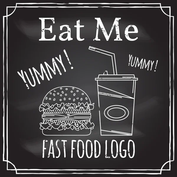 Mangiami. Elementi sul tema del business della ristorazione. Gesso che disegna su una lavagna. Logo, marchio, logotipo, distintivo con hamburger e soda. Simbolo del fast food. Illustrazione vettoriale . — Vettoriale Stock