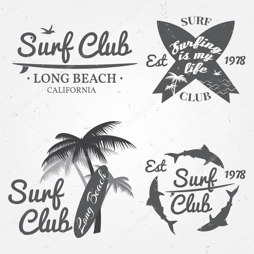Set of Surf club concept Vector Summer surfing retro badge. Surfer club emblem , outdoors banner, vintage background. Boards,  palms and shark. Surf icon design.