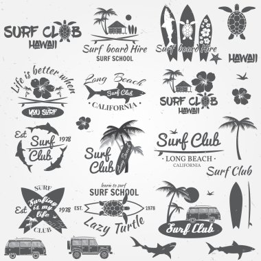 Retro vintage rozetleri ve etiketleri kümesi. Web Tasarım, mobil ve uygulama arayüzü için infographics için de yararlı. Surf club ve sörf okulu tasarım. Vektör çizim.