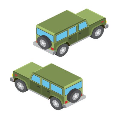 Izometrik arabalar. İzometrik arabalar beyaz üzerinde izole seyahat. Yaz aile seyahat konsepti. Vektör çizimi.