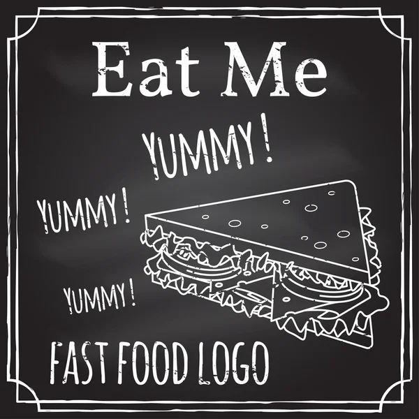 Eet me. Elementen op het thema van het restaurantbedrijf. Krijt tekening op een Blackboard. Logo, branding, embleem type, badge met een sandwich. Fast Food symbool. Vector illustratie. — Stockvector