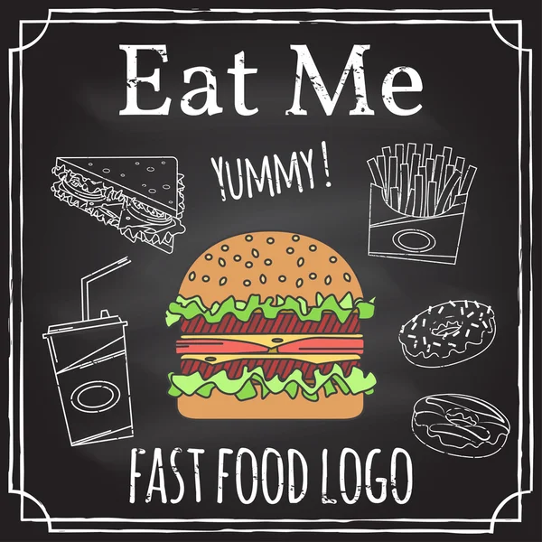 Mangiami. Elementi sul tema del business della ristorazione. Hamburger, panino, patatine fritte e ciambella. Illustrazione vettoriale . — Vettoriale Stock