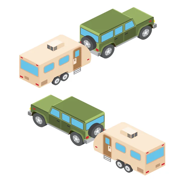 Ilustración isométrica vectorial de remolques de automóviles y viajes. Viaje de verano concepto de viaje familiar. Ilustración vectorial . — Vector de stock