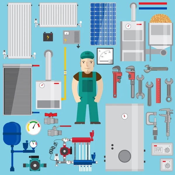 Plumbing and heating elements. Heating equipment. Set with boiler, plumber, wrench, pump, solar panel, pipes, radiators, battery, ammeter, thermostat, gas boiler, pellet boiler, converter, expansion t — Stock Vector