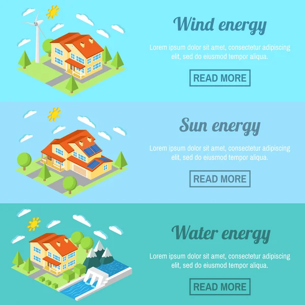 生态能源水平横幅设置低能耗房屋。风力涡轮机、太阳能电池板和水力发电厂。对于网页设计、移动和应用程序界面，也可用于信息图表. — 图库矢量图片