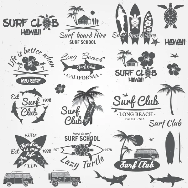 Sada retro vintage odznaky a štítky. Pro web design, mobilní a aplikační rozhraní, také užitečné pro infografiky. Surf club a surf škola designu. Vektorové ilustrace. — Stockový vektor