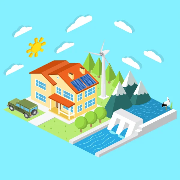 Isometrische energiezuinige huis. Wind turbines, zonnepanelen en hydro-energiecentrales. Voor webontwerp, mobiele en toepassingsinterface, ook handig voor infographics. Vector illustratie. — Stockvector