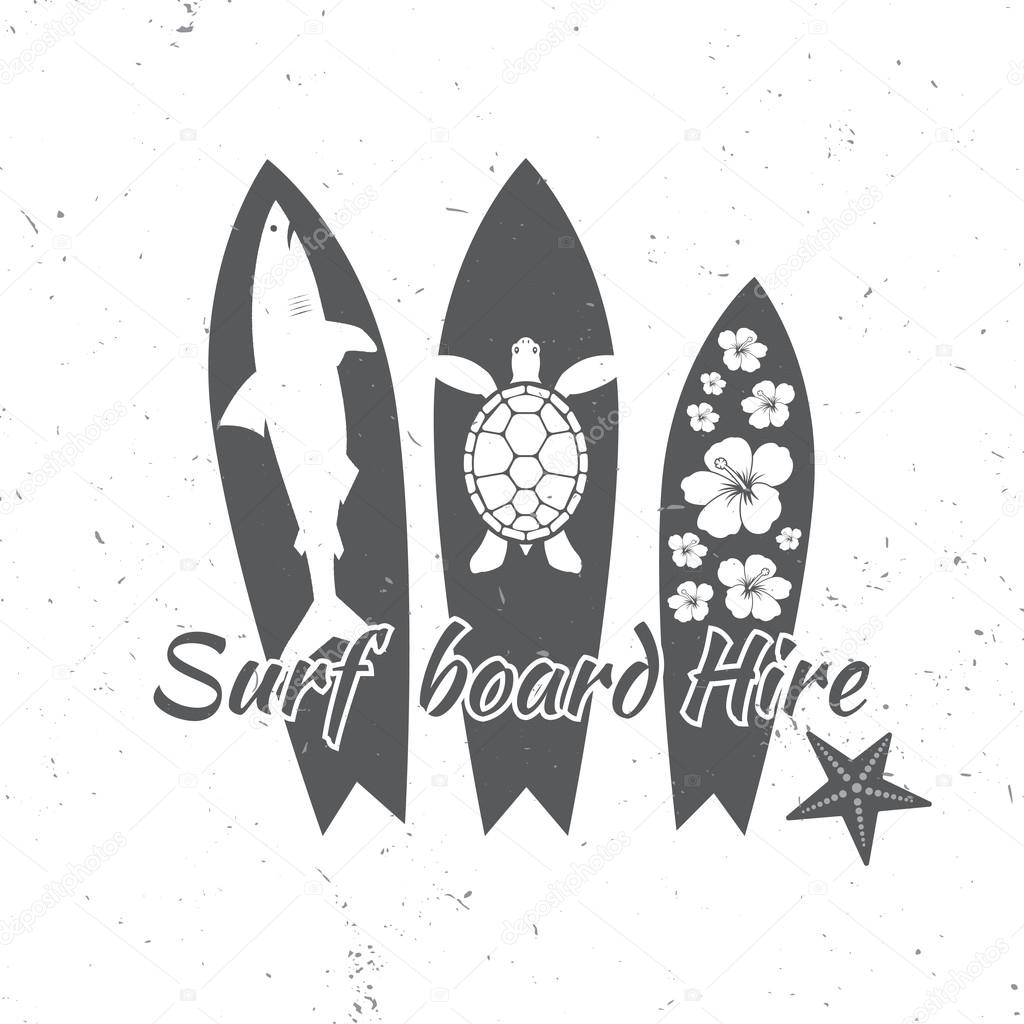 Surf board hire concept. Vector Summer surfing retro badge. Surfing concept for shirt or logo, print, stamp. Surf icon design. - stock vector.