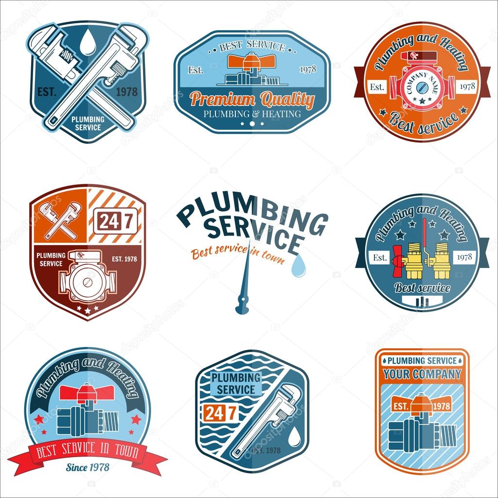 Set of retro vintage badges and labels. Plumbing and heating service. Emergency service logo. Vector illustration. Elements on the theme of the plumbing service business.
