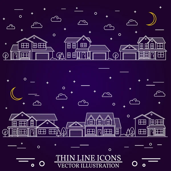 Neighborhood with homes illustrated on purple background. — Stock Illustration Neighborhood with homes illustrated on purple background. Vector Graphics
