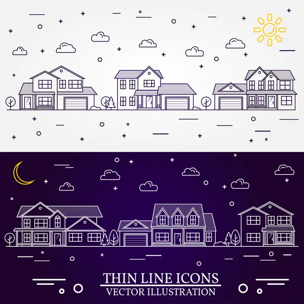 Neighborhood with homes illustrated white and purple background. — Stock Illustration Neighborhood with homes illustrated white and purple background. Royalty Free Stock Vectors