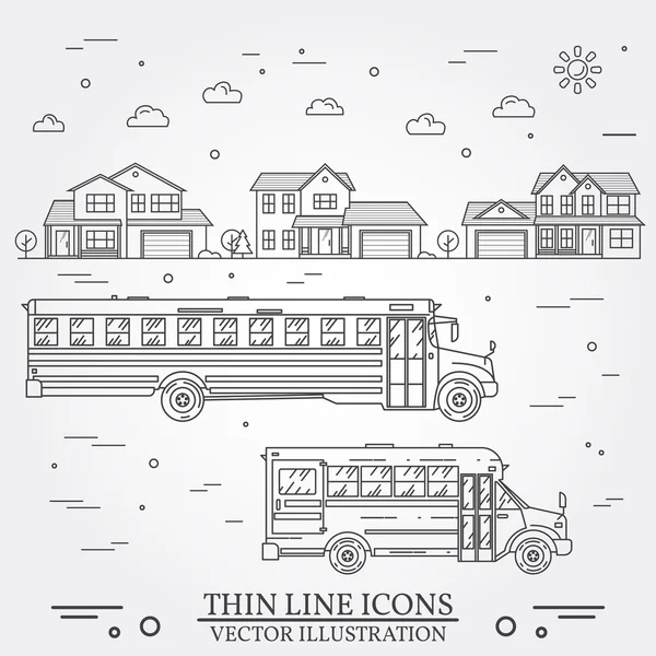 Neighborhood with homes and school buses illustrated on white. — Stock Illustration Neighborhood with homes and school buses illustrated on white. Stock Vector