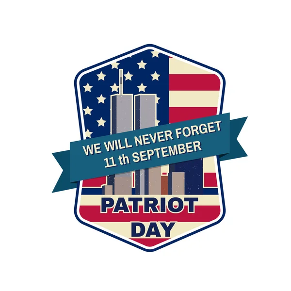 Patriot day badge emblem with buildings and American flag. — Stock Vector