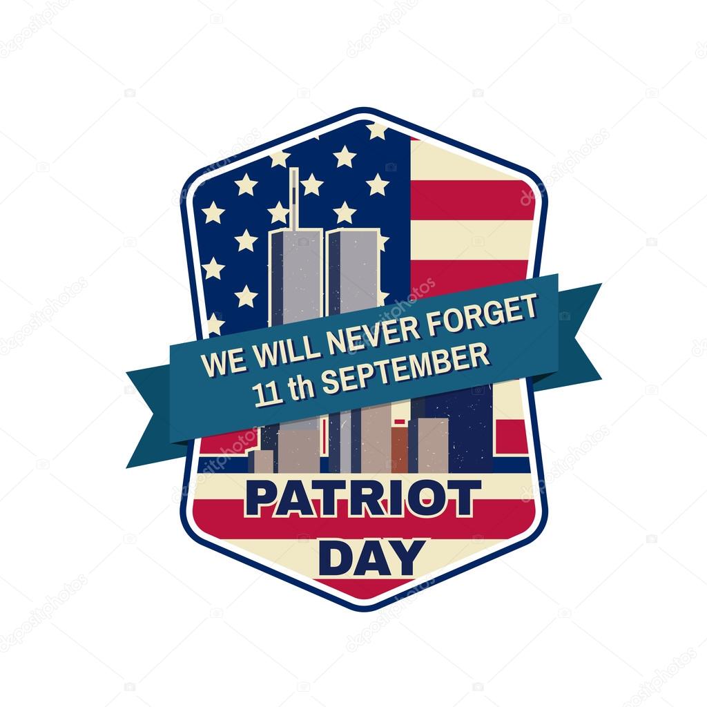 Patriot day badge emblem with buildings and American flag.